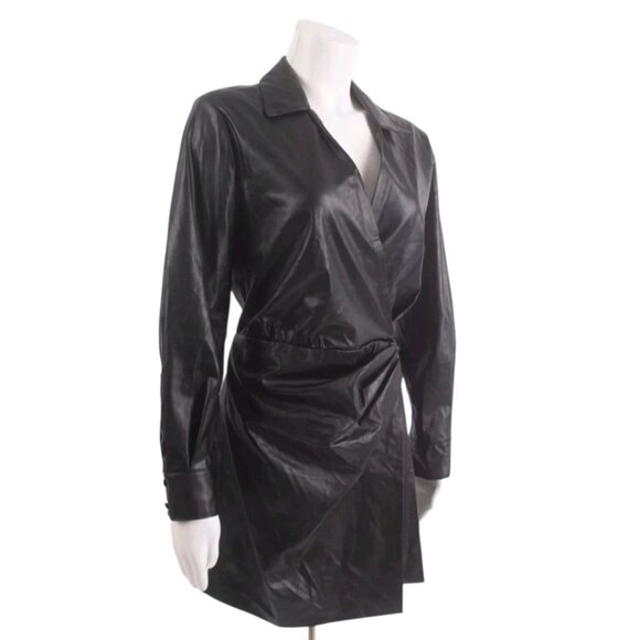 ZARA Faux Leather Wrap Mini Dress Black Long Sleeve Belted Shirt Style Dress S - Picture 3 of 13
